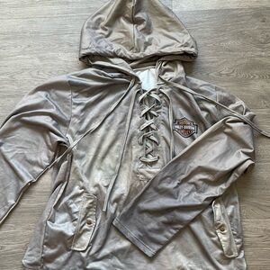 Harley Davidson Lace Up Hoodie Size Large Tan